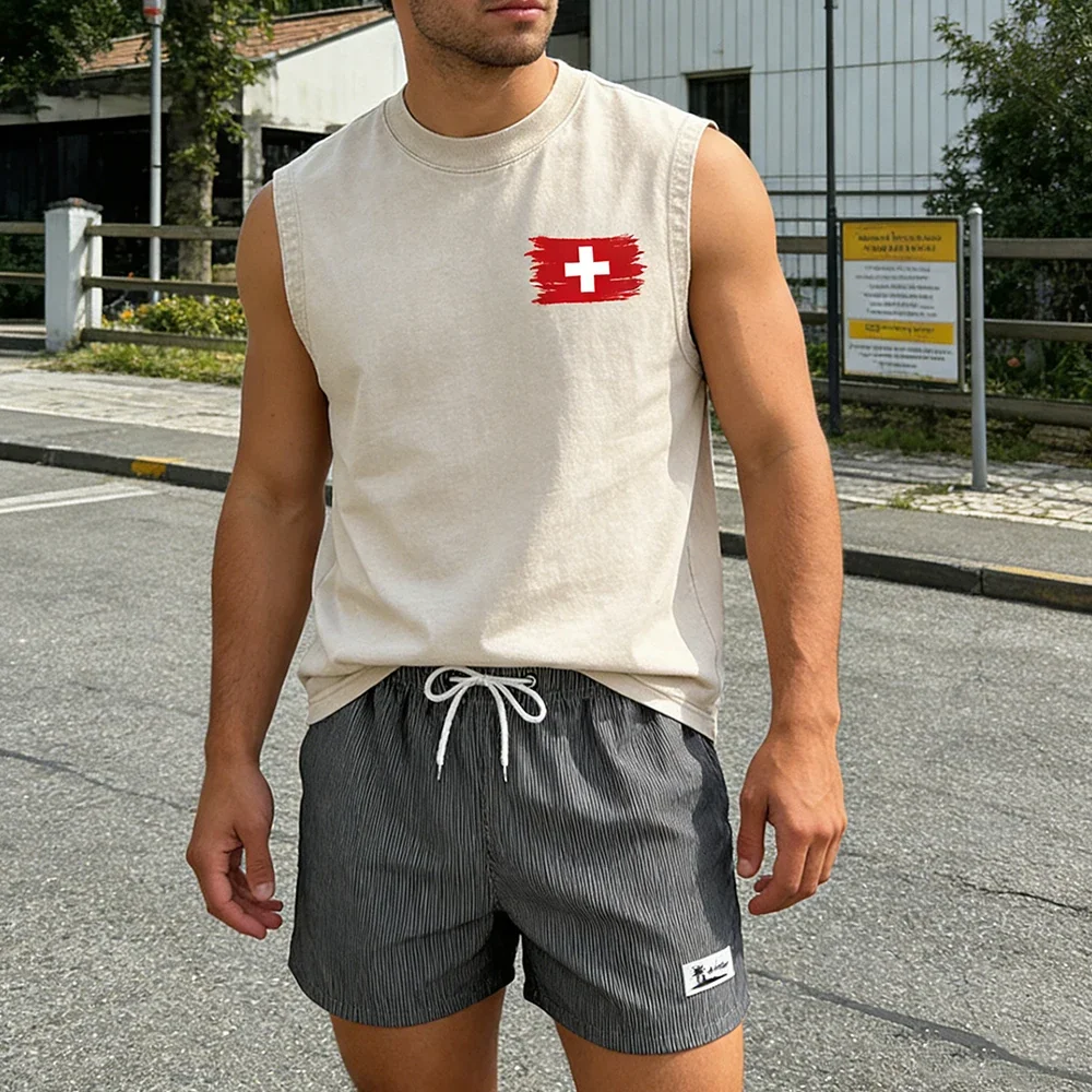 Casual Summer Men's 2 Piece Outfit: Vintage Washed Sleeveless Tee & Pinstripe Quick Dry Swim Shorts Set with Flag Graphic Print