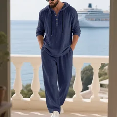 Cross-border Autumn Linen Men's Casual Suit Loose Hooded Henry Shirt Long-Sleeved Trousers Suit