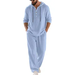 Cross-border Autumn Linen Men's Casual Suit Loose Hooded Henry Shirt Long-Sleeved Trousers Suit