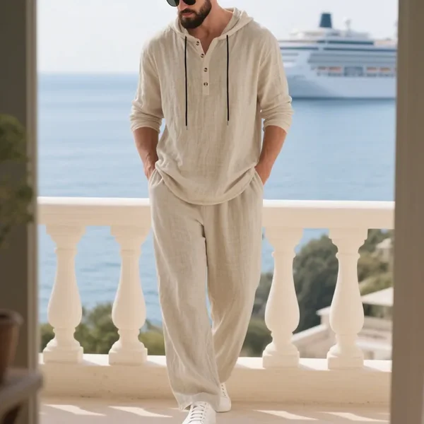 Cross-border Autumn Linen Men's Casual Suit Loose Hooded Henry Shirt Long-Sleeved Trousers Suit
