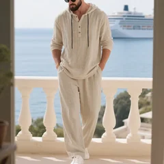 Cross-border Autumn Linen Men's Casual Suit Loose Hooded Henry Shirt Long-Sleeved Trousers Suit