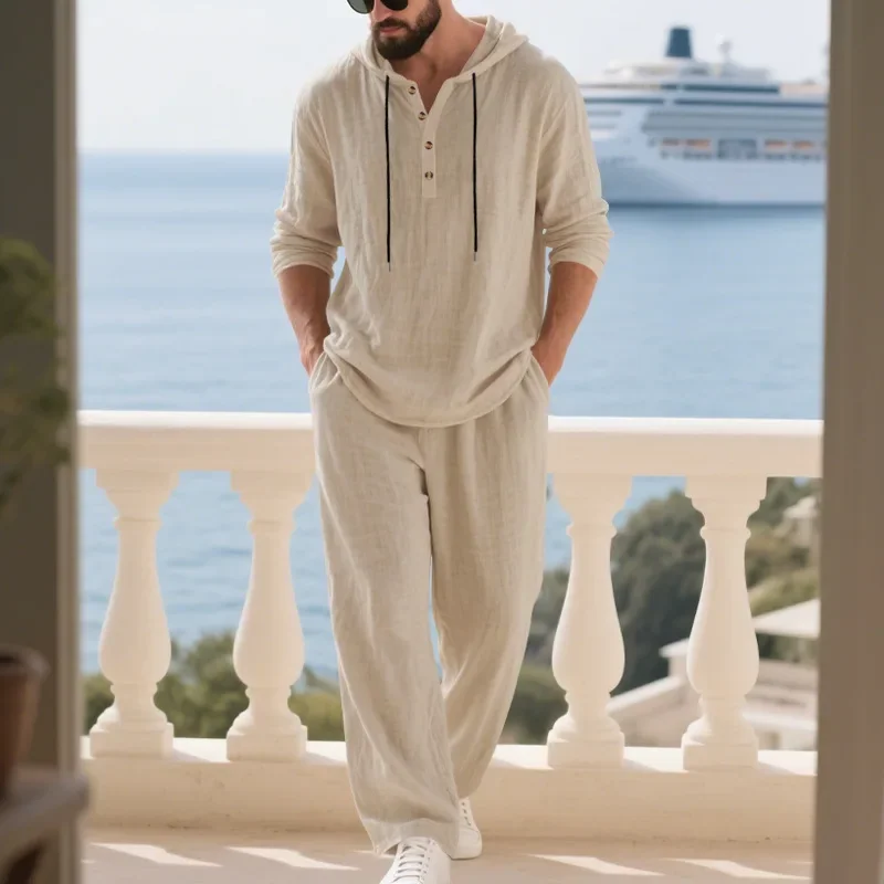 Cross-border Autumn Linen Men's Casual Suit Loose Hooded Henry Shirt Long-Sleeved Trousers Suit