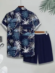 Tropical Island Scenery Graphic Men Co‑ord Set Turn‑down Collar Button Shirt Elastic Waist Short Pant Vacation Suit