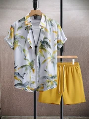 Tropical Island Scenery Graphic Men Co‑ord Set Turn‑down Collar Button Shirt Elastic Waist Short Pant Vacation Suit