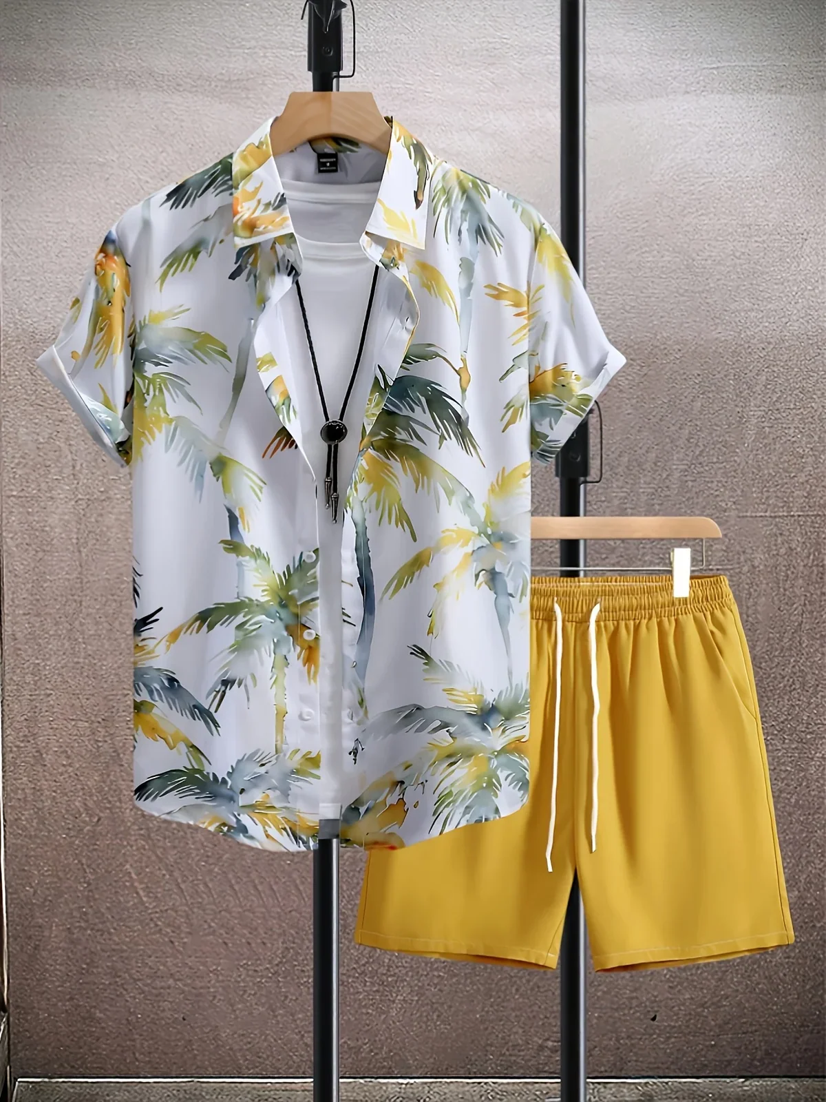 Tropical Island Scenery Graphic Men Co‑ord Set Turn‑down Collar Button Shirt Elastic Waist Short Pant Vacation Suit
