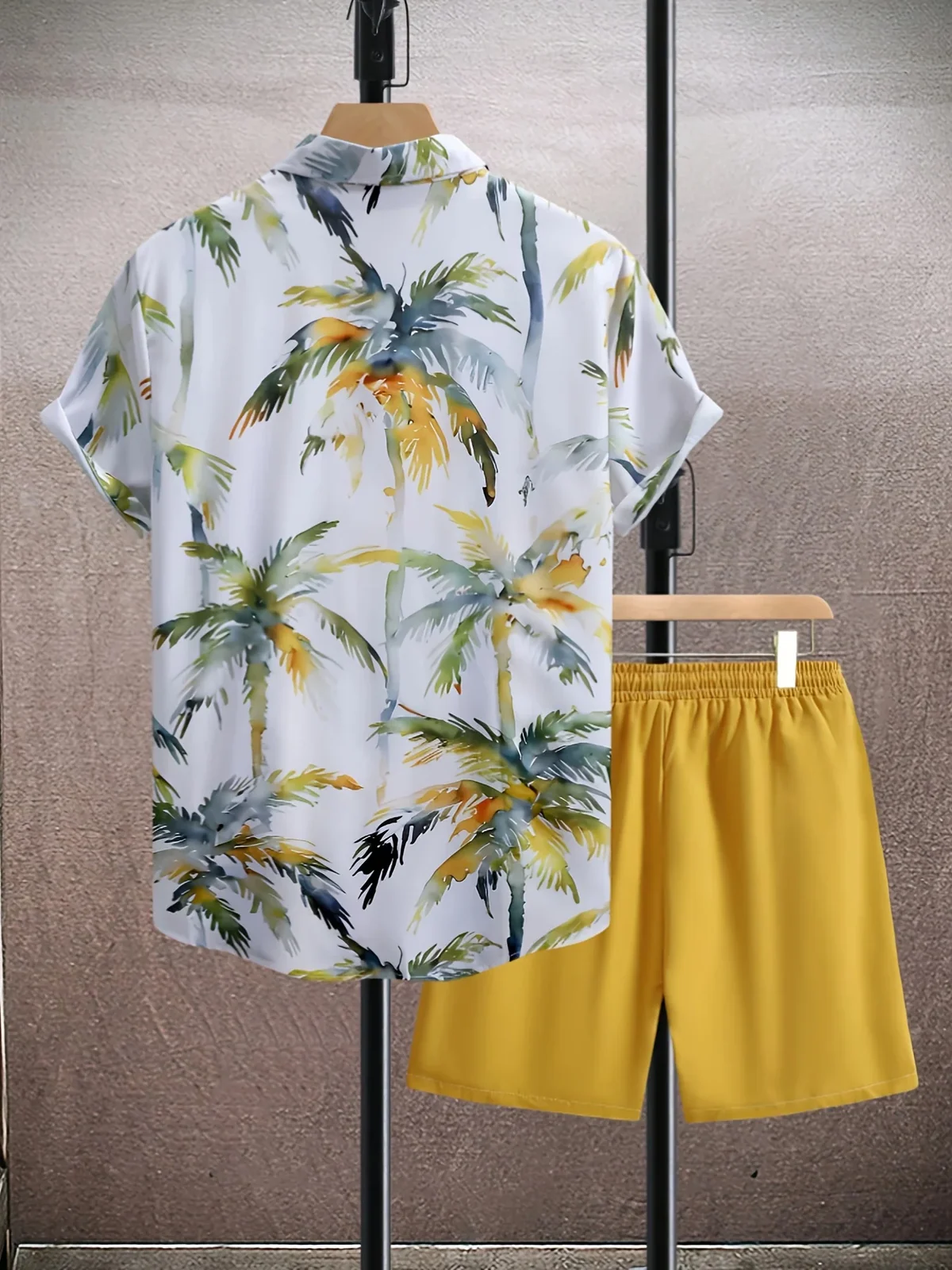 Tropical Island Scenery Graphic Men Co‑ord Set Turn‑down Collar Button Shirt Elastic Waist Short Pant Vacation Suit