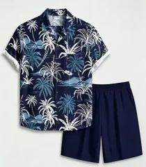 Tropical Island Scenery Graphic Men Co‑ord Set Turn‑down Collar Button Shirt Elastic Waist Short Pant Vacation Suit