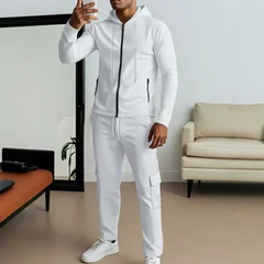 Men's Four Seasons Waffle Hooded Pocket Cardigan Zipper Jacket Long Sleeve Tooling Pants Set
