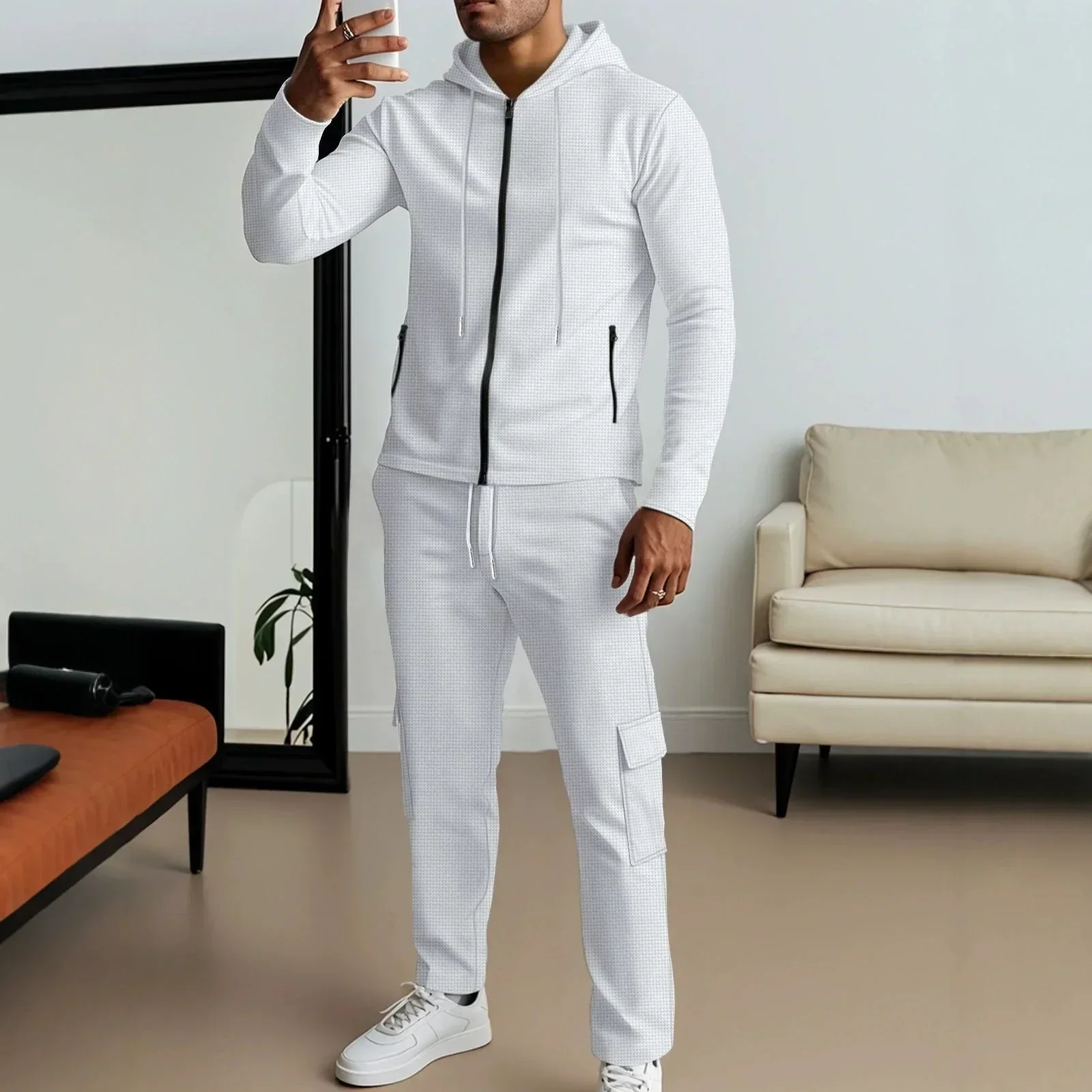Men's Four Seasons Waffle Hooded Pocket Cardigan Zipper Jacket Long Sleeve Tooling Pants Set