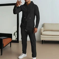 Men's Four Seasons Waffle Hooded Pocket Cardigan Zipper Jacket Long Sleeve Tooling Pants Set