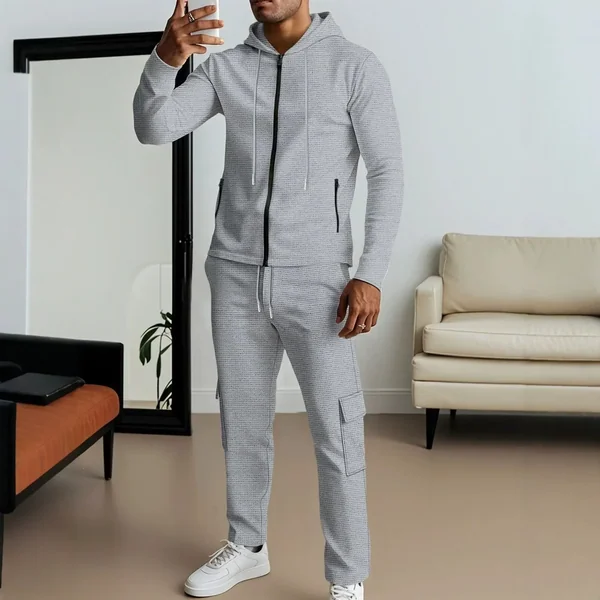 Men's Four Seasons Waffle Hooded Pocket Cardigan Zipper Jacket Long Sleeve Tooling Pants Set