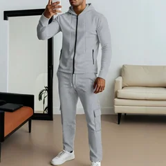Men's Four Seasons Waffle Hooded Pocket Cardigan Zipper Jacket Long Sleeve Tooling Pants Set