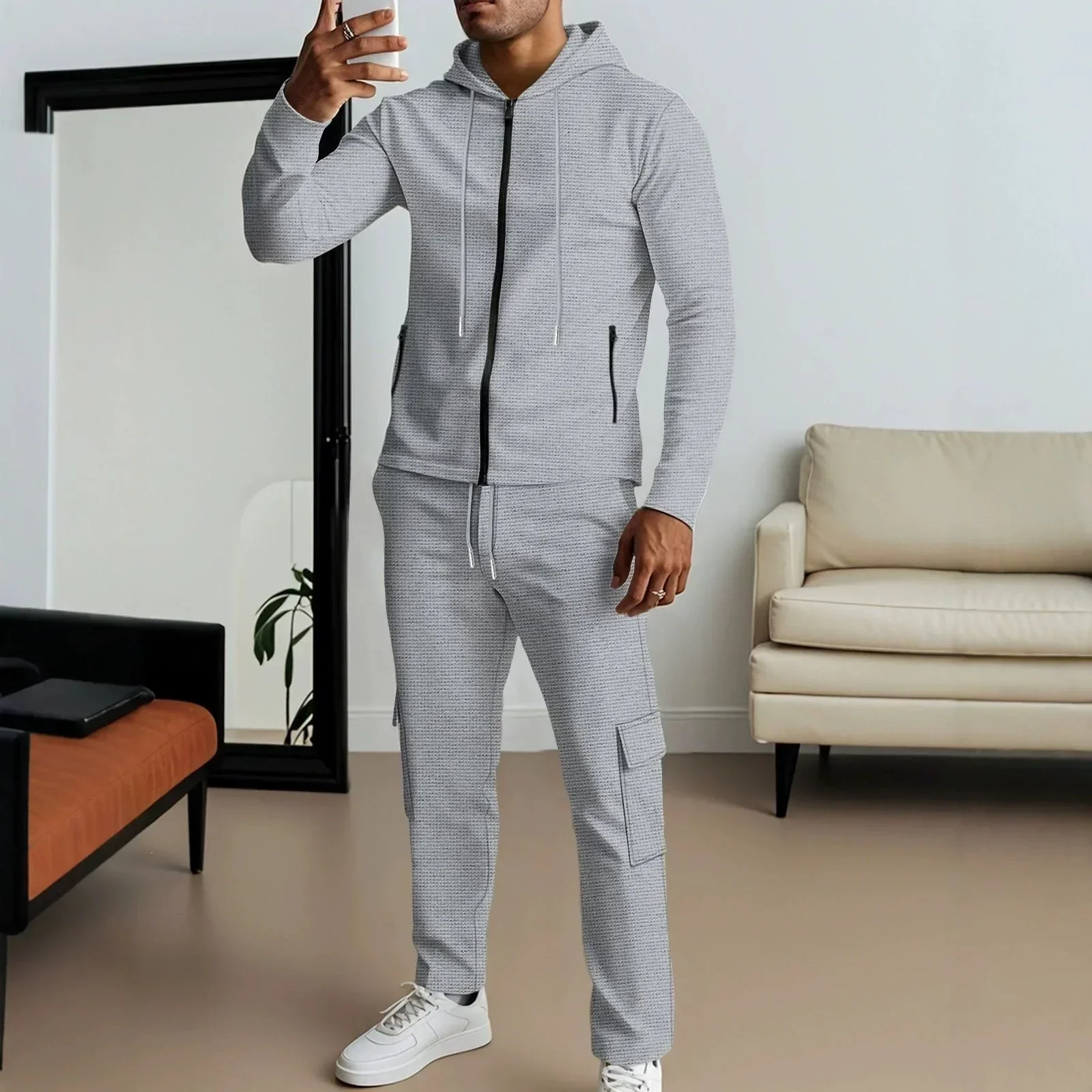 Men's Four Seasons Waffle Hooded Pocket Cardigan Zipper Jacket Long Sleeve Tooling Pants Set