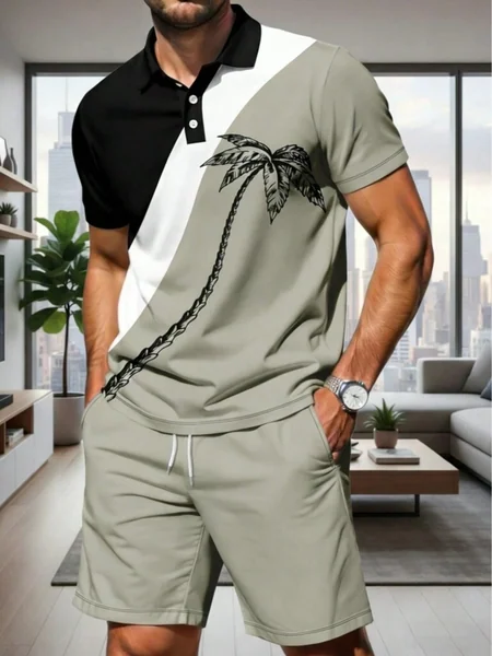 Men's Summer Casual Sports Sets Breathable Outdoor Men's Collared T-Shirt and Shorts Polo Sets Summer Digital-Printed Clothing