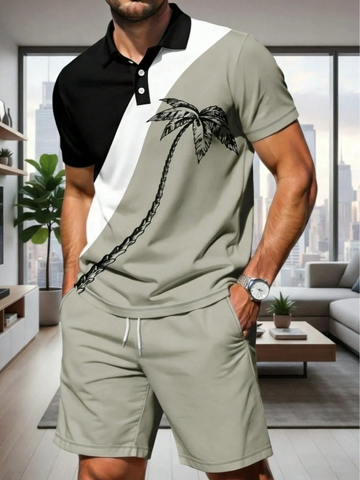 Men's Summer Casual Sports Sets Breathable Outdoor Men's Collared T-Shirt and Shorts Polo Sets Summer Digital-Printed Clothing